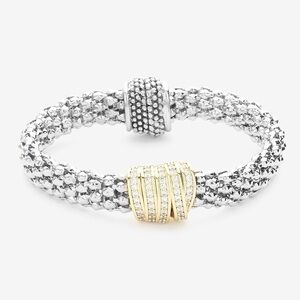 Elegant Two Tone 14K Gold Mesh Bracelet w/Pave Crystal & Magnetic Closure